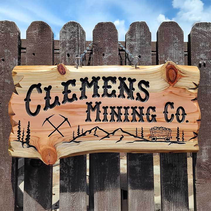 Custom Wood Sign w Mining Car & Pickaxe