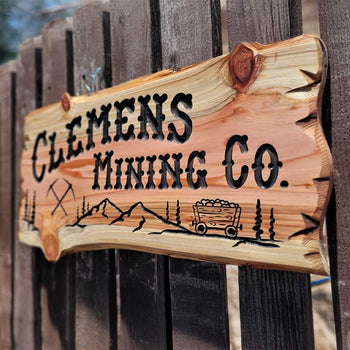 Custom Wood Sign w Mining Car & Pickaxe