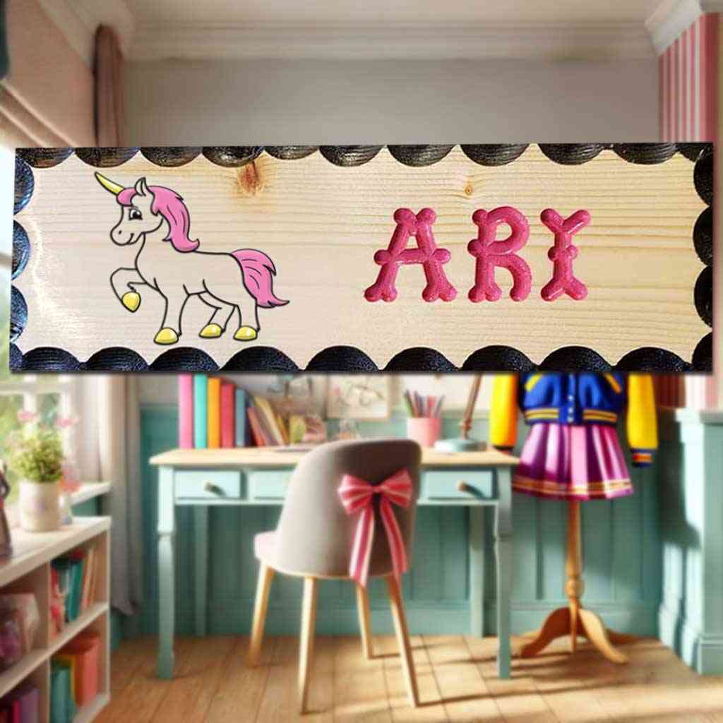 Personalized wooden name sign featuring a classic unicorn design with pink lettering, ideal for kids' magical-themed rooms or decor.