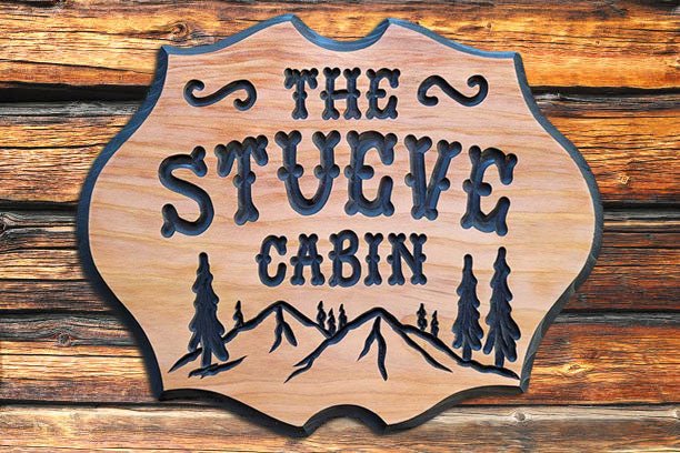 Cabin Signs with Mountain and Pine Trees - Calico Wood Signs