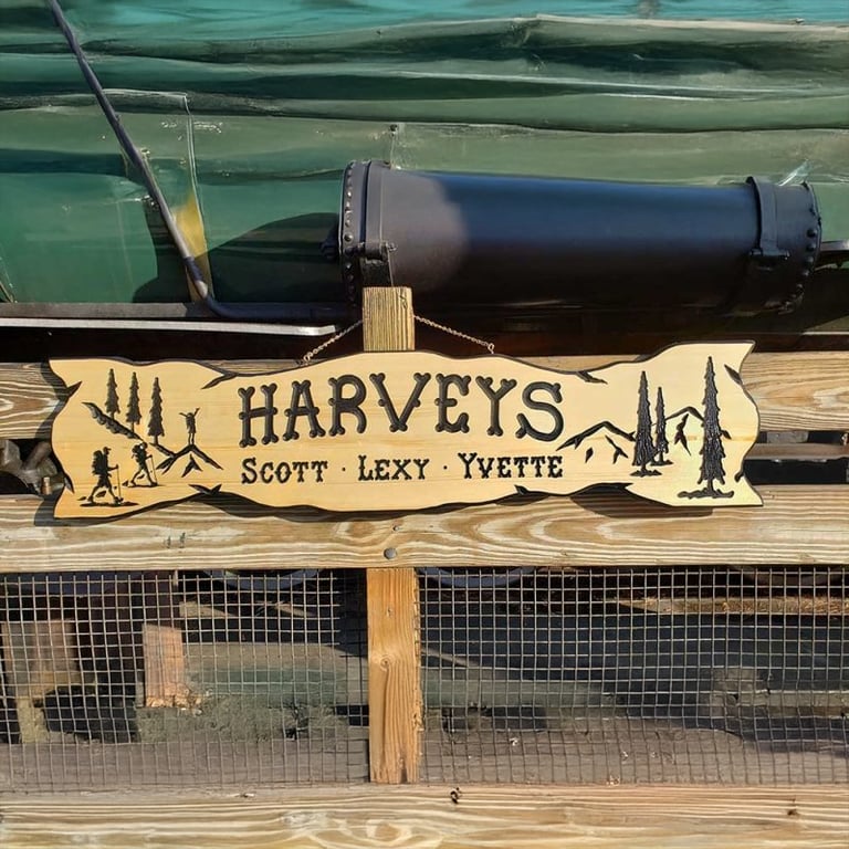 Hiking Carved Wood Sign w Mountains - Calico Wood Signs