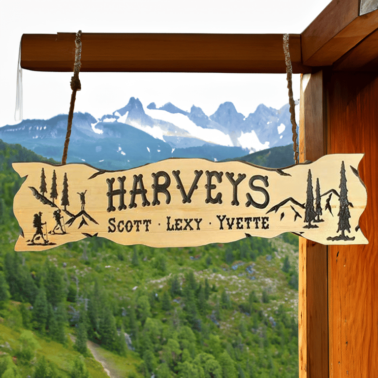 Hiking Carved Wood Sign w Mountains - Calico Wood Signs