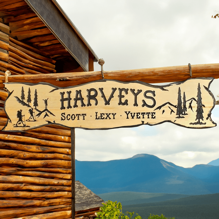 Hiking Carved Wood Sign w Mountains