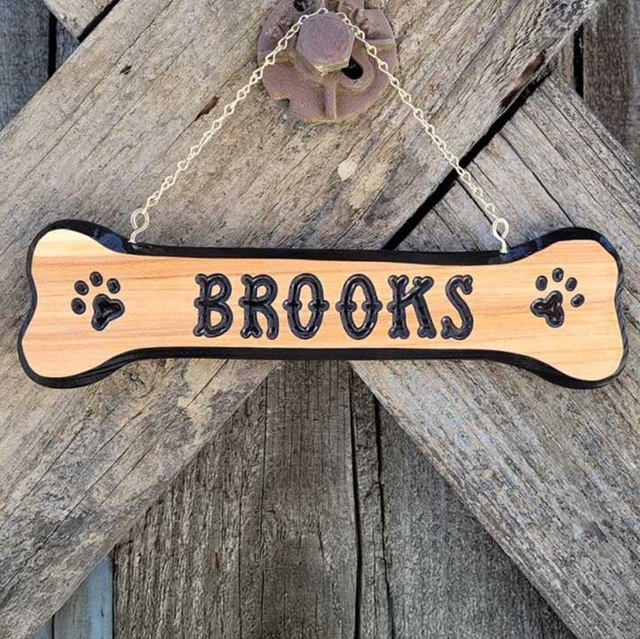 Personalized Wooden Dog Bone Sign with Paw Prints - Calico Wood Signs