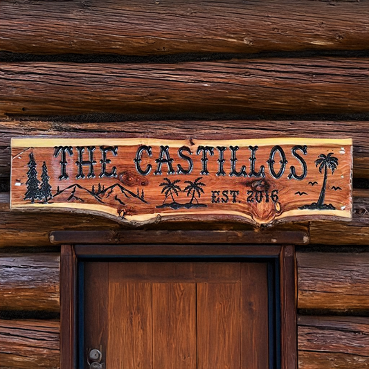 Wooden Beach & Mountain Sign