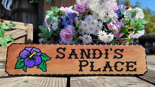 Calico Wood Signs - Purple Hibiscus Flower Garden Signs