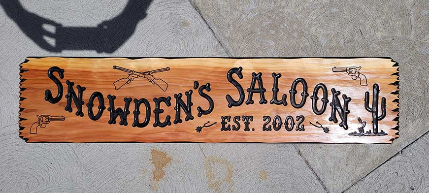 Saloon Sign with Rifles Pistols and Spurs - Calico Wood Signs